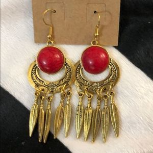 Gold Red Stone Dream Catcher Feather Earrings